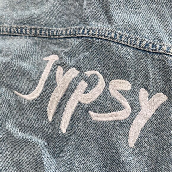 Topshop Moto Denim Vest US 4 Cotton Light Wash Cut Off Sleeves Jypsy Embroidery - Picture 7 of 9